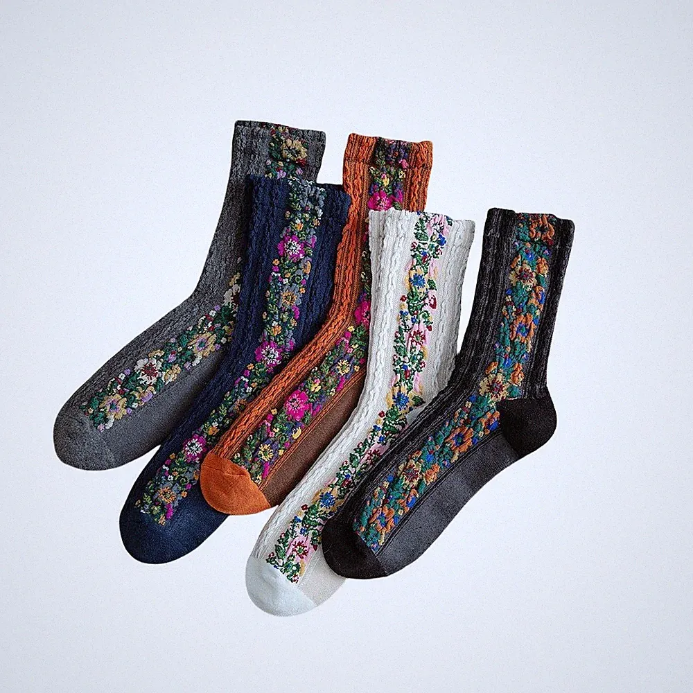 5 Paar Damen Baumwolle Retro Halbhohe Röhre Stretch Sport Blumen Crew-socken