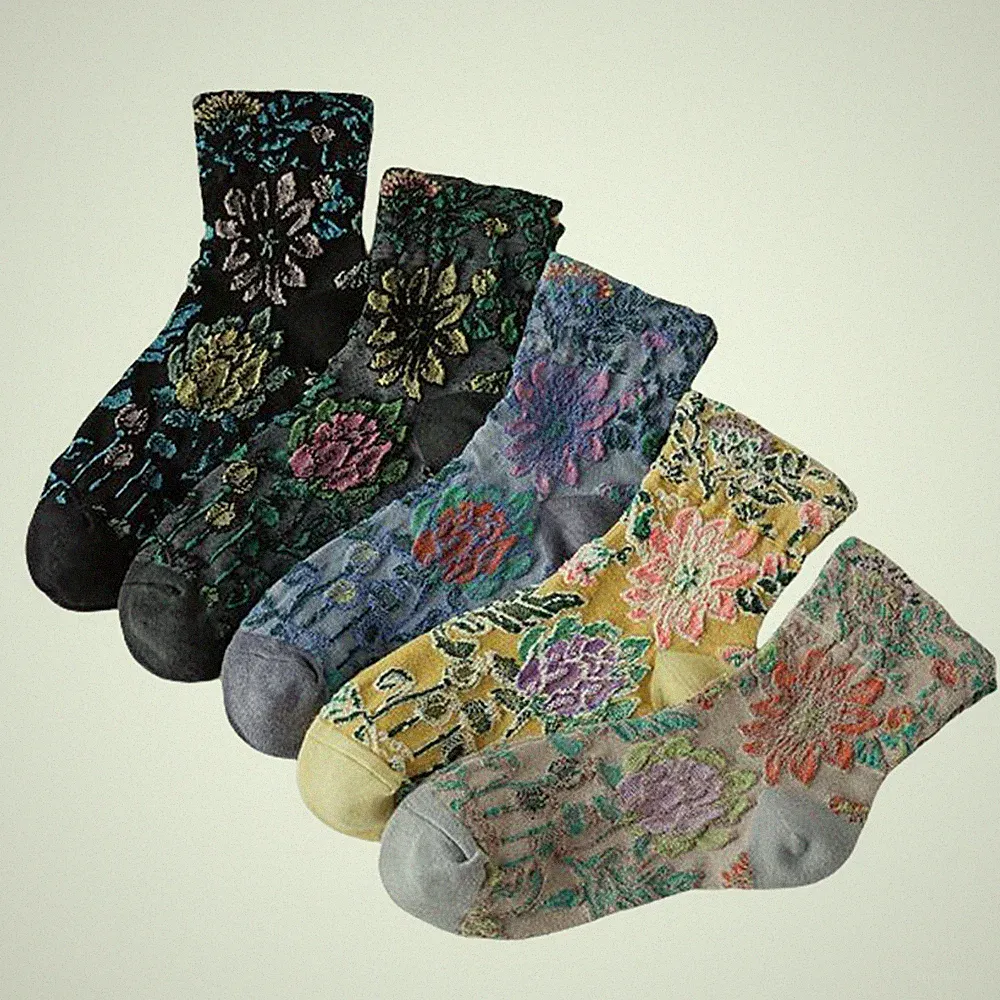 5 Paar Halbhohe Damen Retro Baumwollsocken Blumen Stretch Sport Crew Socken