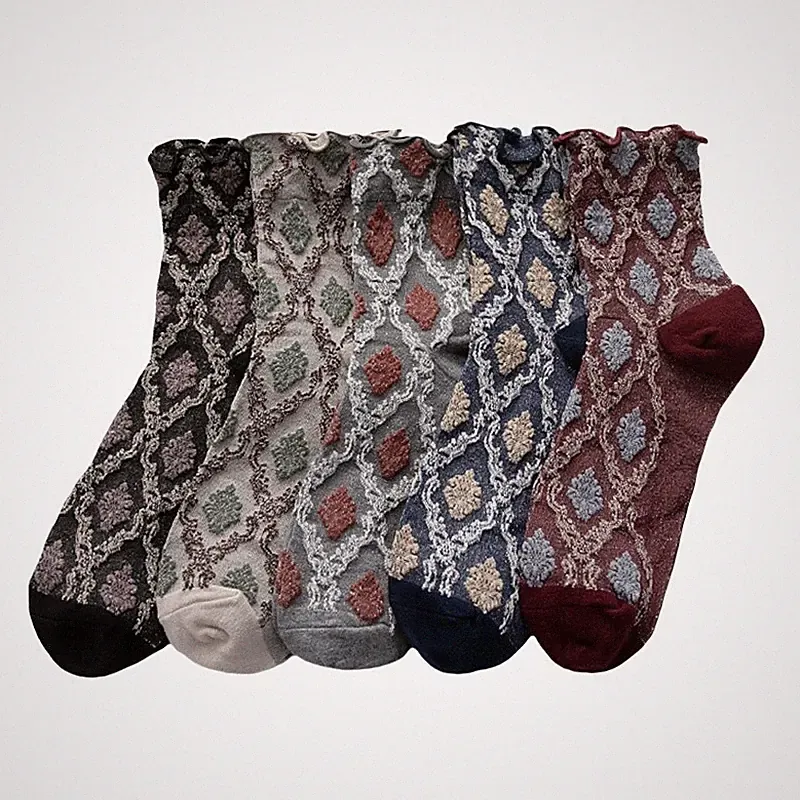 5 Paar Halbhohe Damensocken Baumwolle Blume Stretch Rollrand Sport Crew-socken