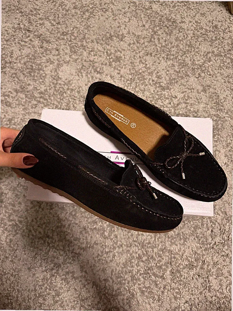 5th Avenue Damen Loafer Wildleder Slip-On mit Schleife Schwarz 38