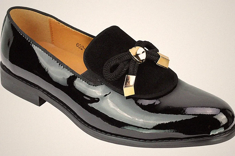 602-15A - Herren Schwarz Lack Glänzend Seil Fliege Metallbesatz Halbschuhe