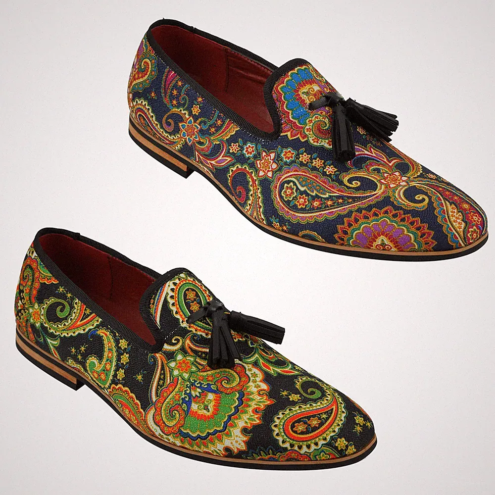A1158 - Herren Leder Quaste Halbschuh Vintage Designer Stil Paisley Print Schuhe