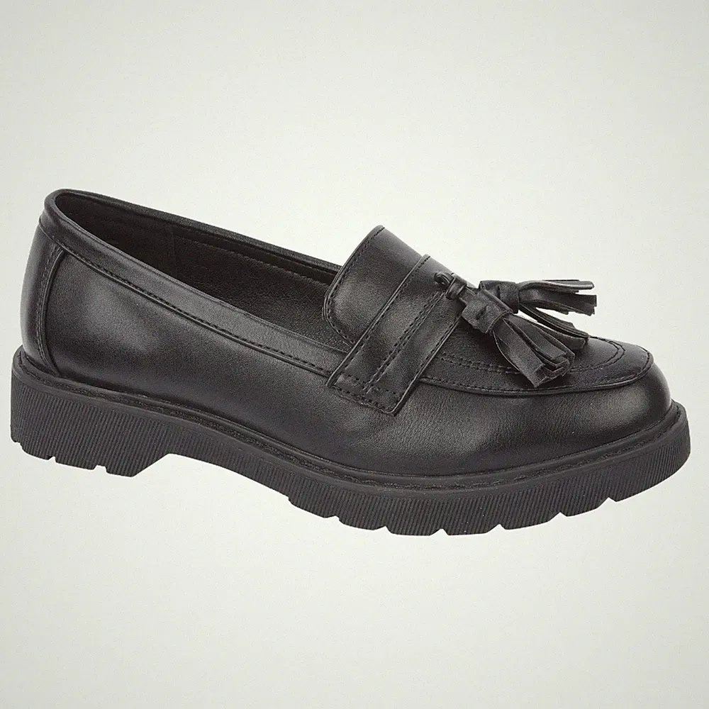 A2Z 4 Kids Mädchen Schwarze Plateau-Slipper Mokassins Kunstleder Loafer