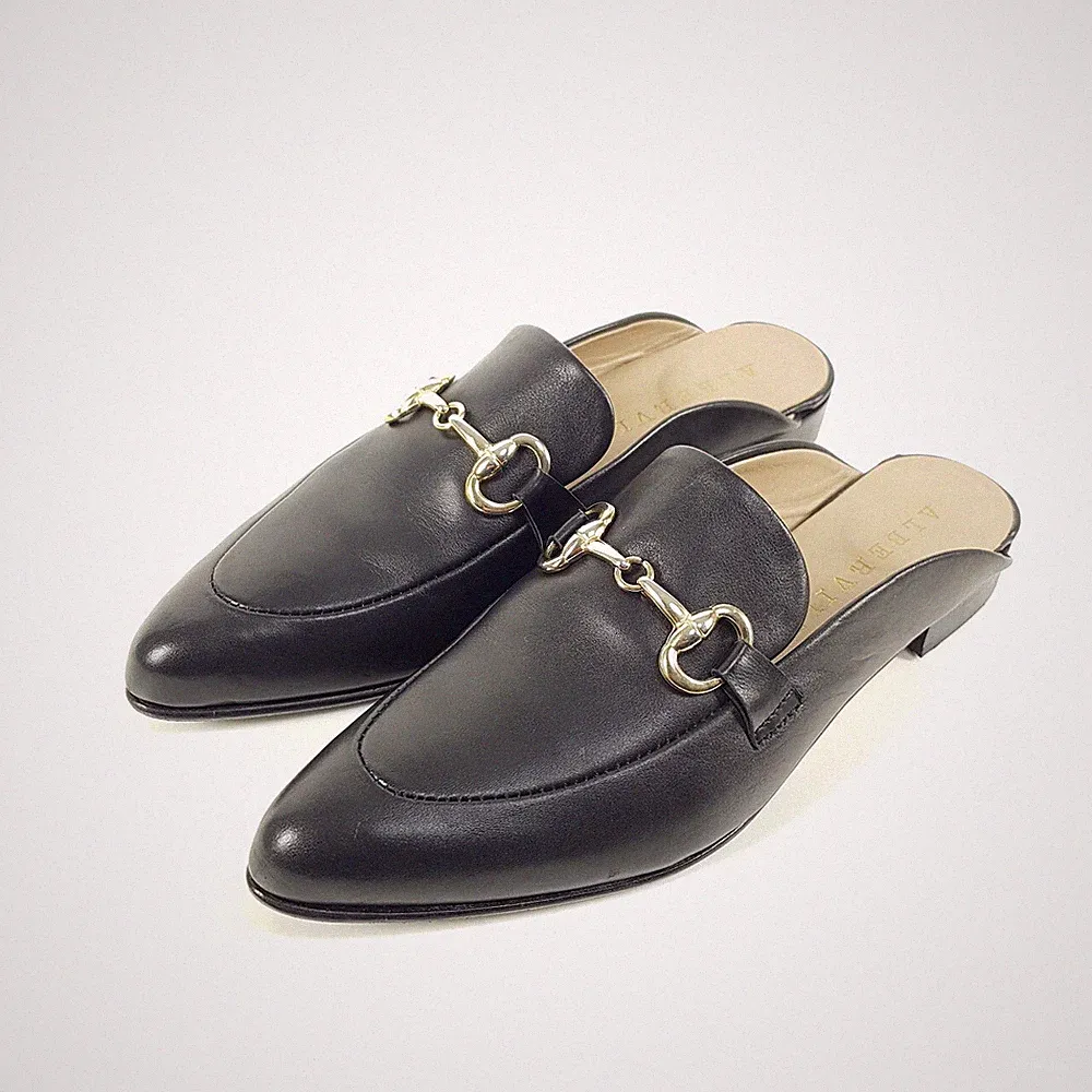 Alberville Mules Damen Gr. 36 Schwarz Gold Leder Pantolette Spitz Offen Loafer