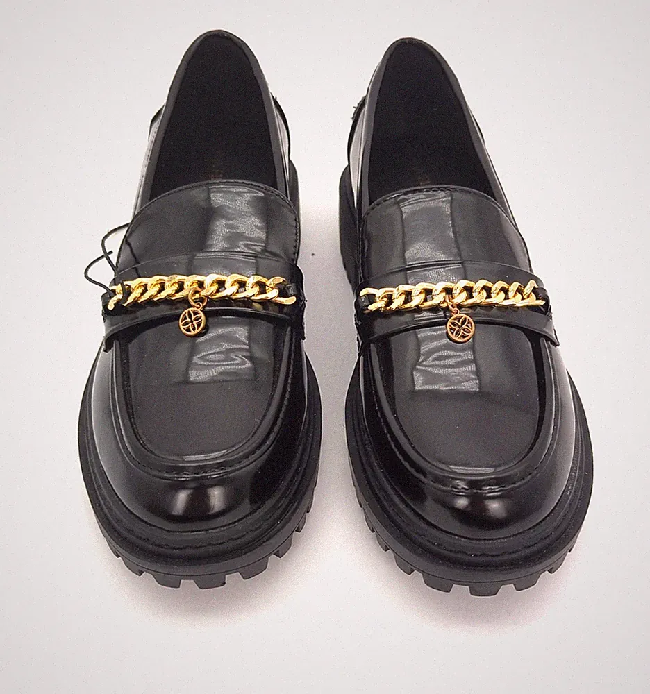 Anna Field Damen Lackleder Loafer Schwarz Chunky Sohle goldene Gliederkette EU42