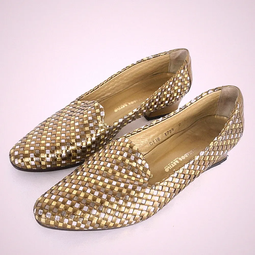 Antonio Garcia exklusive Halbschuhe Damen Gr 37 Flecht-Leder Gold/Silber Loafer
