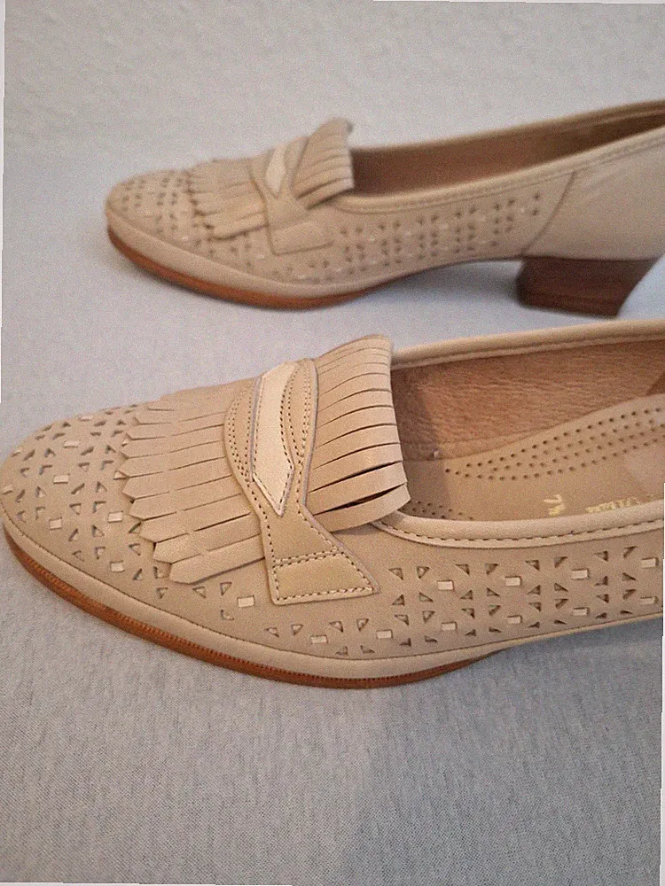 ara Damen Slipper Loafer Leder Beige EU 41 Weite H perforiert Fransen