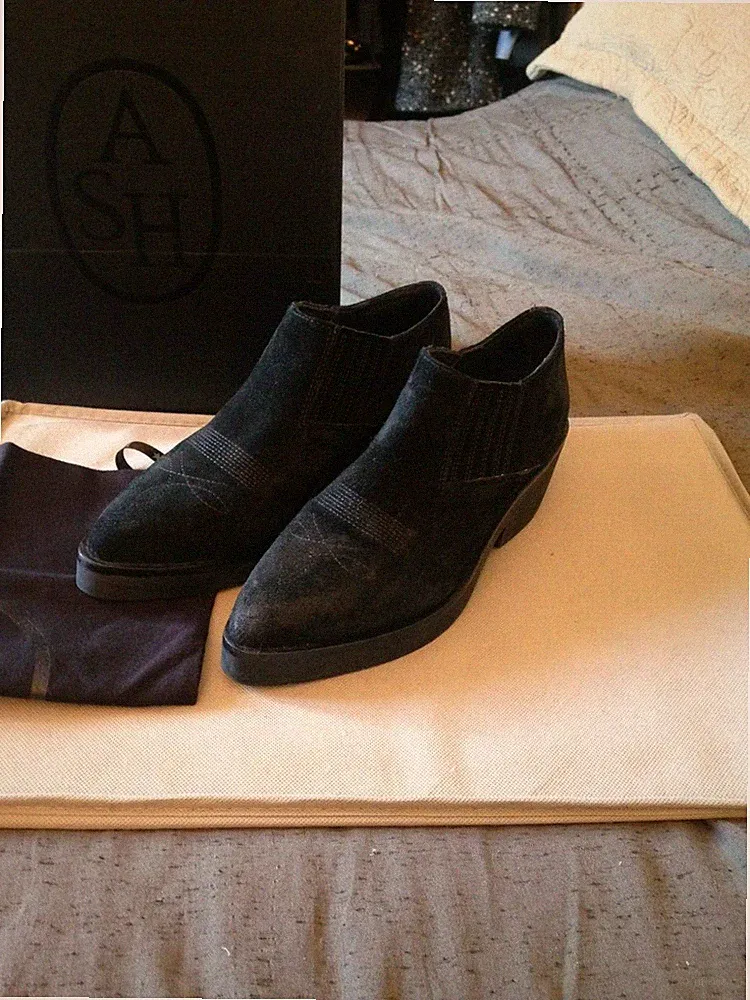 ASH HALBSCHUHE LOW STIEFELETTEN ORIGINAL ECHT LEDER SCHWARZ KEILABSATZ WILDLEDER 38