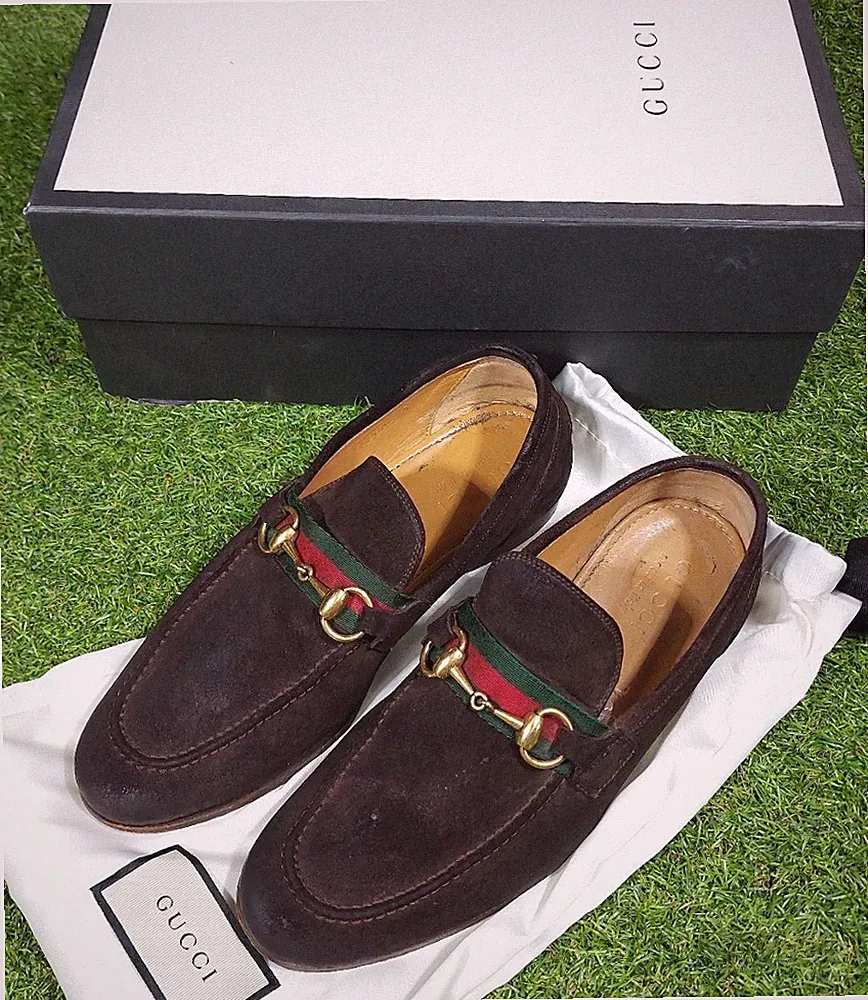 Atemberaubende Gucci Elanor Horsebit Wildleder dunkelbraun Halbschuhe Unisex UK 5 £410