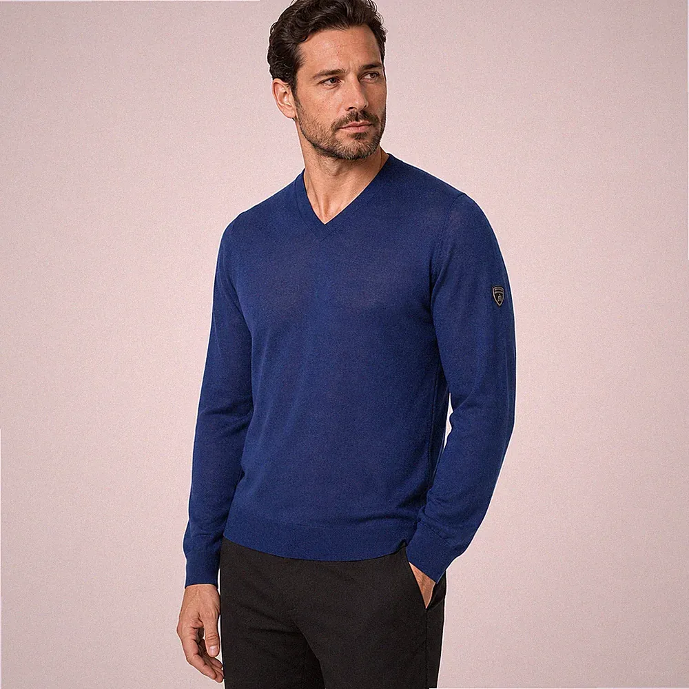 Automobili Lamborghini Herren Pullover 100% Kaschmir V-Ausschnitt Blau Neu