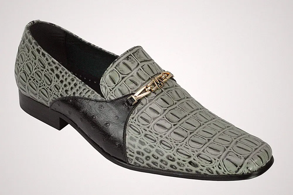 AV988-217 - Herren Leder Grau Kroko Optik Gold Schnalle Slipper Schuhe