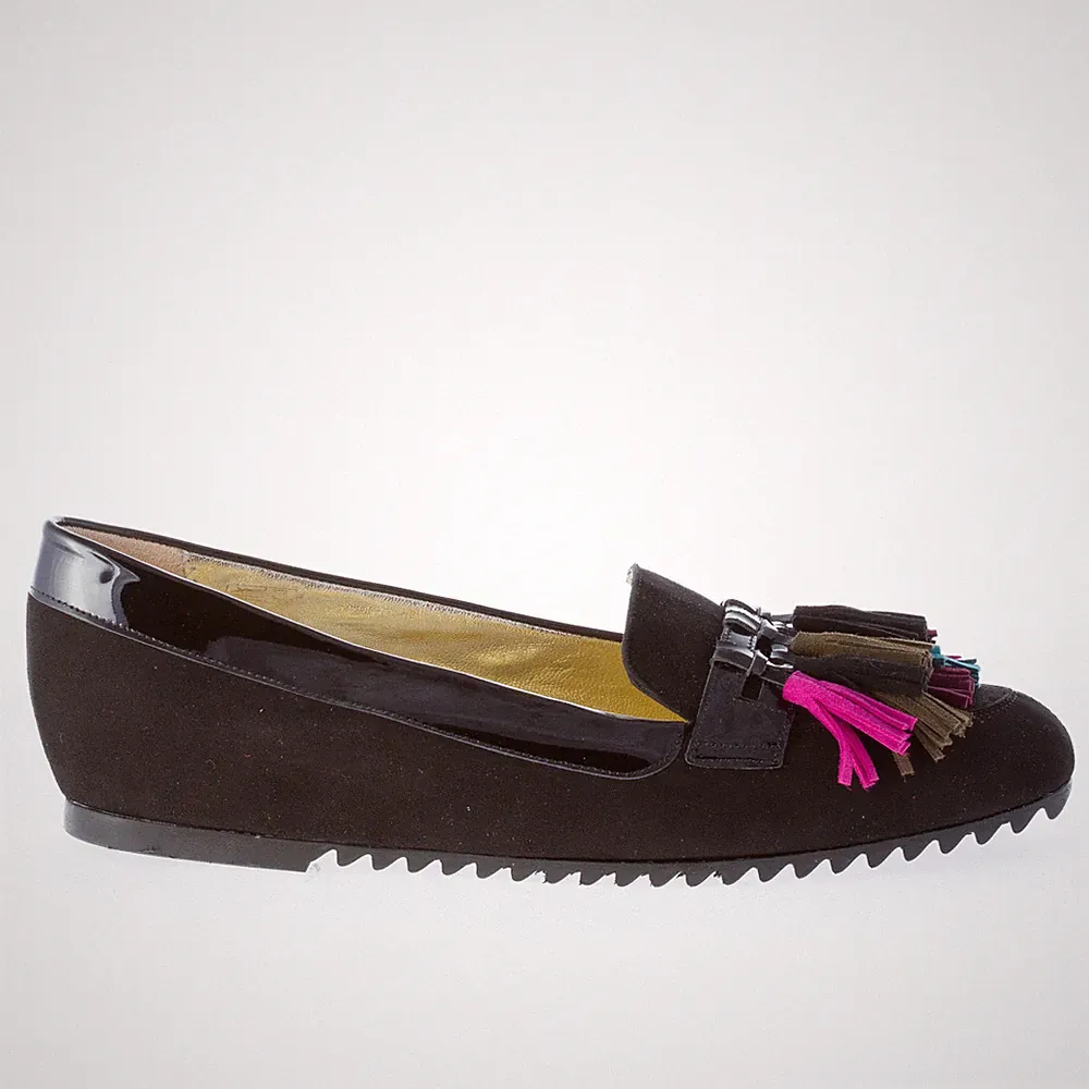 AZUREE CANNES Damenschuhe Women Halbschuh Wildleder schwarz mit bunten Fransen