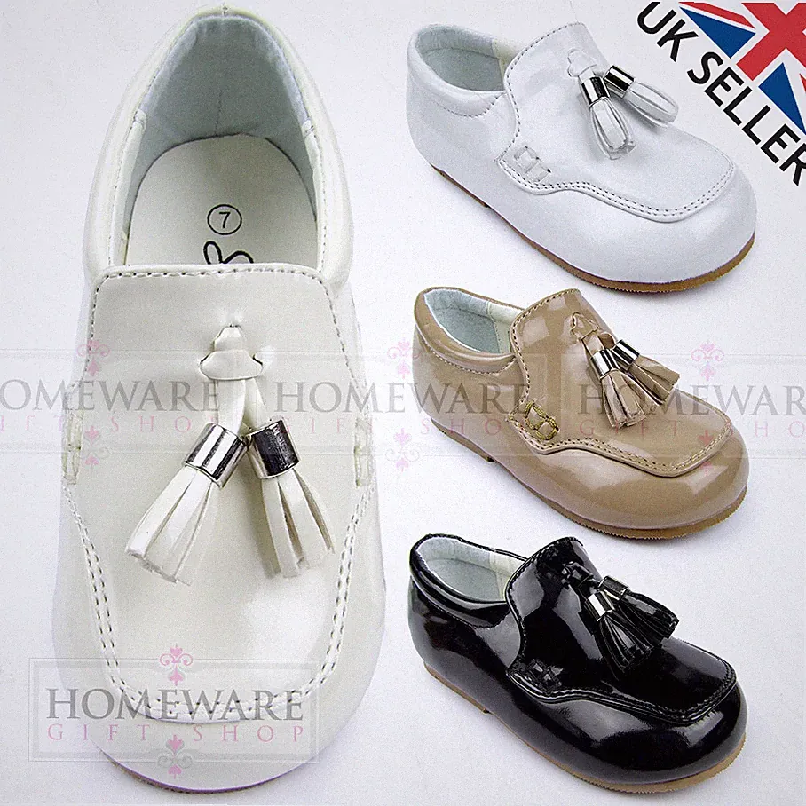 BABY JUNGEN SPANISCHER STIL HALBSCHUHE SCHUHE LACK WEISS CAMEL CREME SCHWARZ GRÖßEN UK 1–7