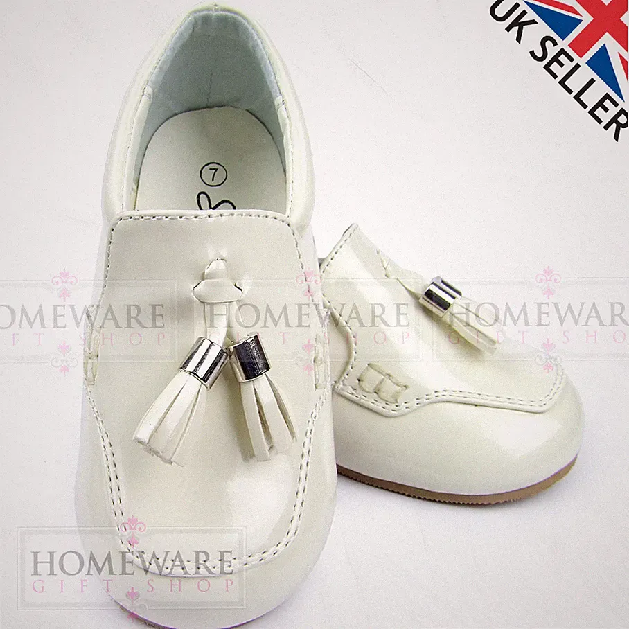 BABY JUNGEN SPANISCHER STIL HALBSCHUHE SCHUHE LACK WEISS CAMEL CREME SCHWARZ GRÖßEN UK 1–7