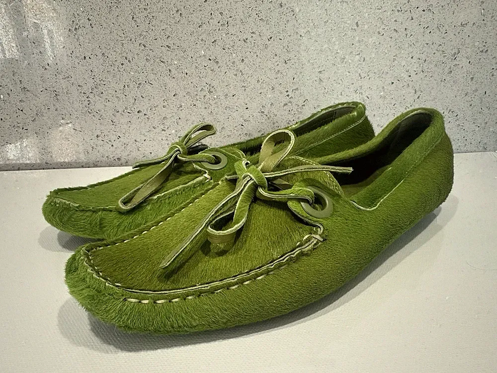Bally Deandra Green Pony Hair Driving Loafers EU 37 UK 4 Kalbshaar Mokassins