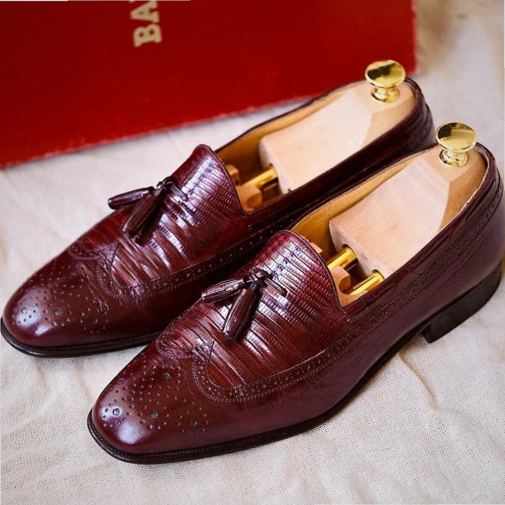 Bally Lizard Budapester Quaste Halbschuhe Herren Burgund 6 US Italien Leder Neu
