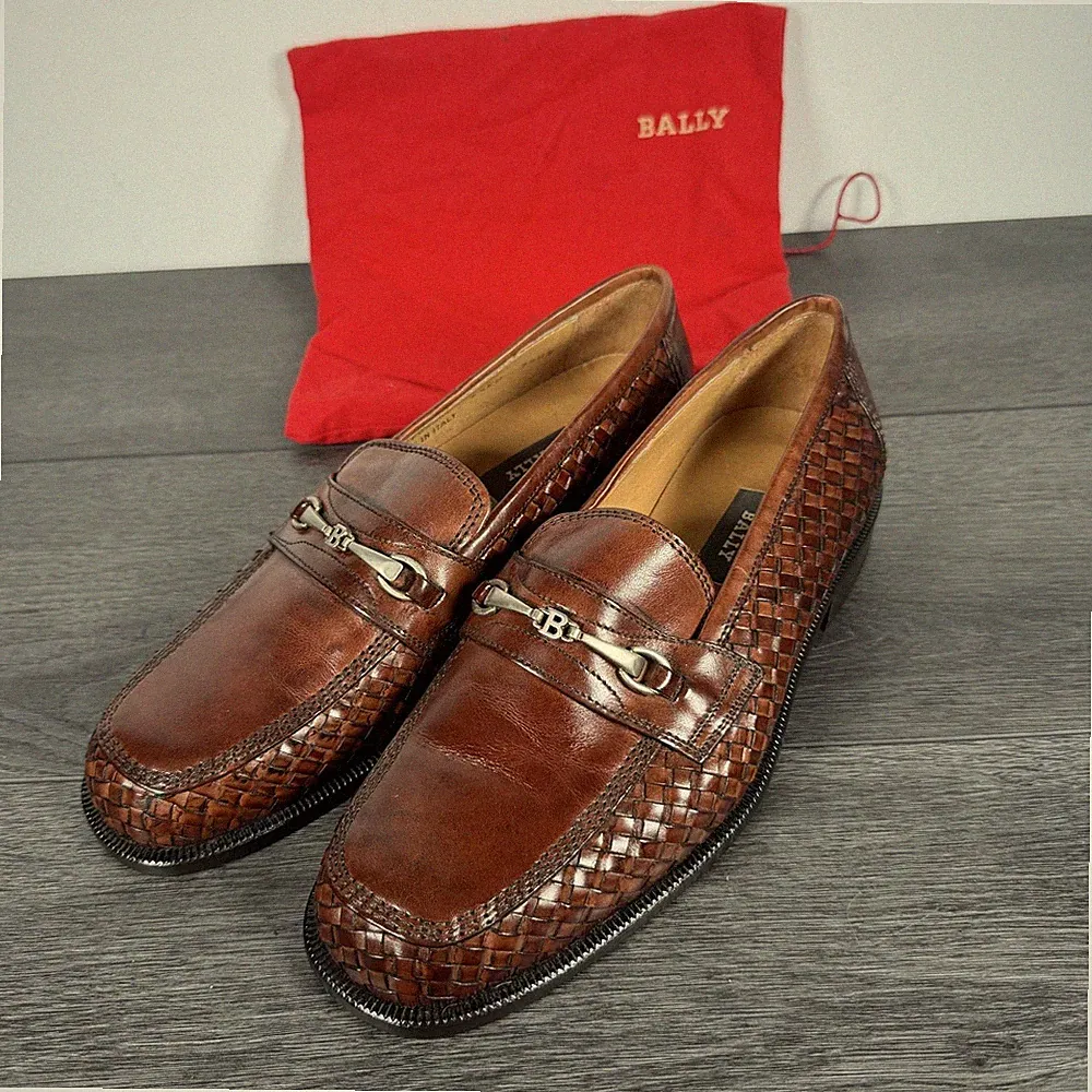 Bally Schuhe Herren 6,5 Braun Leder Leonard Gewebt Bit Halbschuhe Slipper Elegant Italien