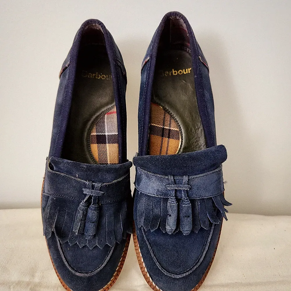 Barbour Joanne Navy Suede Fringed Tassel Loafers Lug Sole Shoes Womens UK 6 US 8