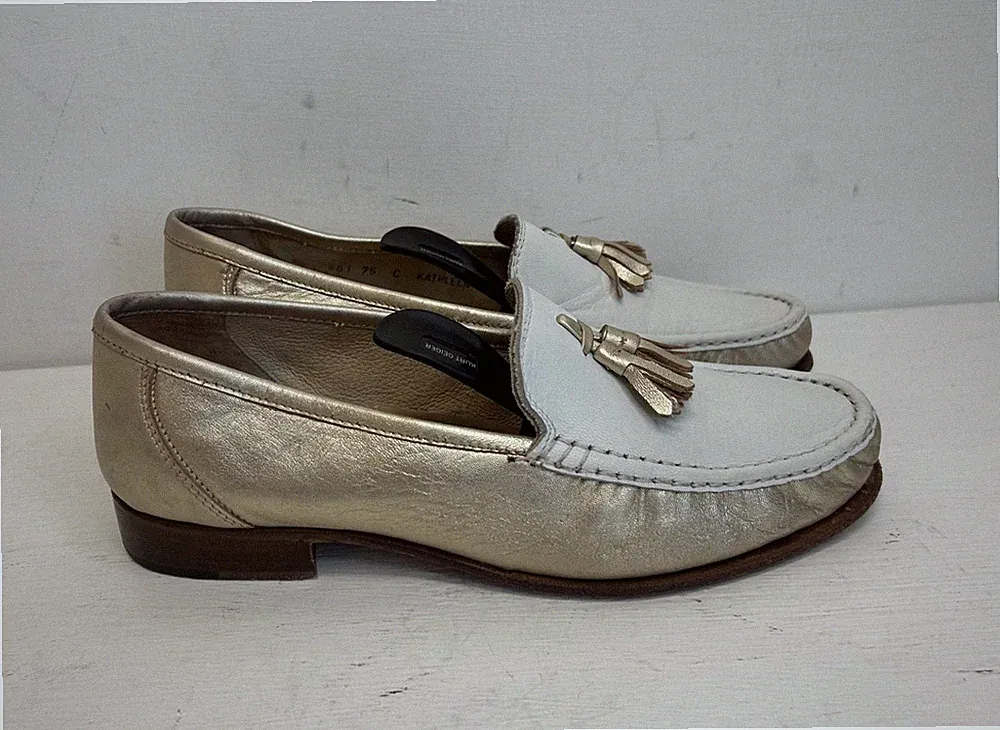 Barker goldfarbene & weiße flache Leder-Loafer Kathleen UK-Größe 5