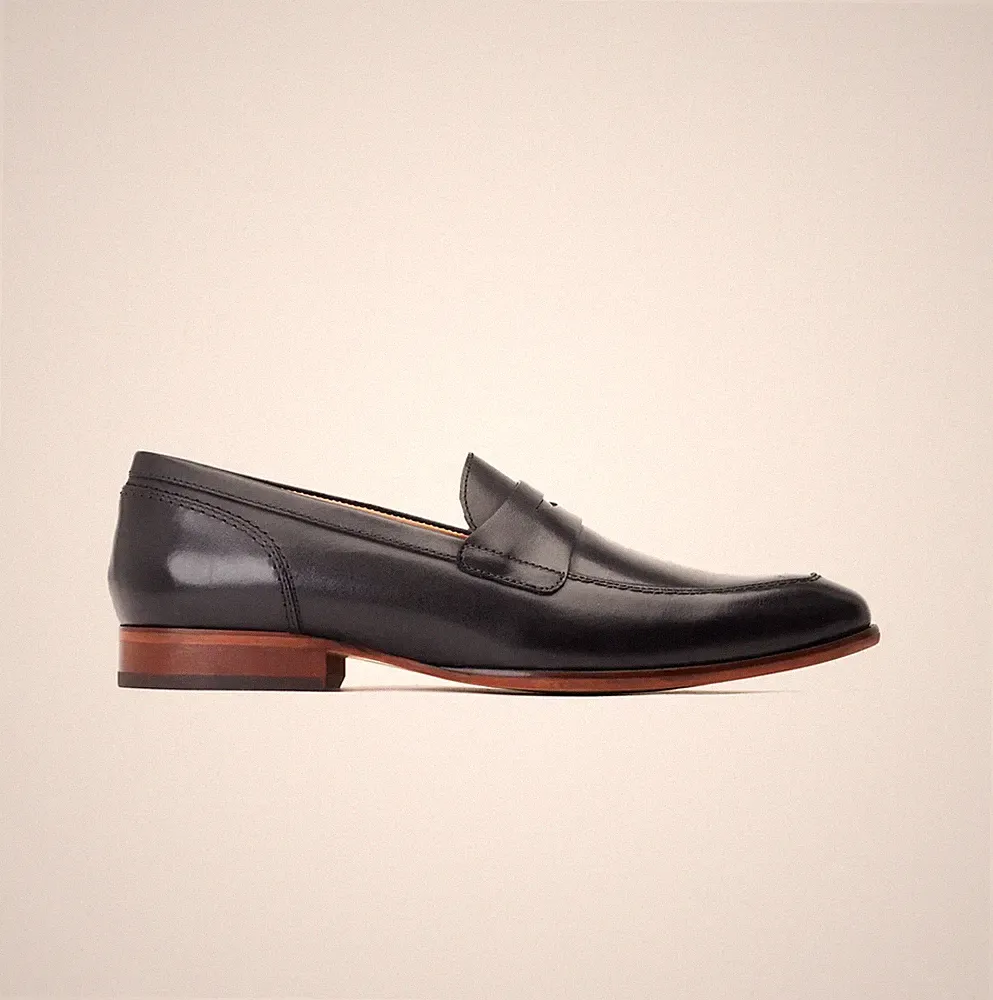 Base London Bruno Herren Leder Slipper Komfort Leger Mandelkappe Schwarz Halbschuhe
