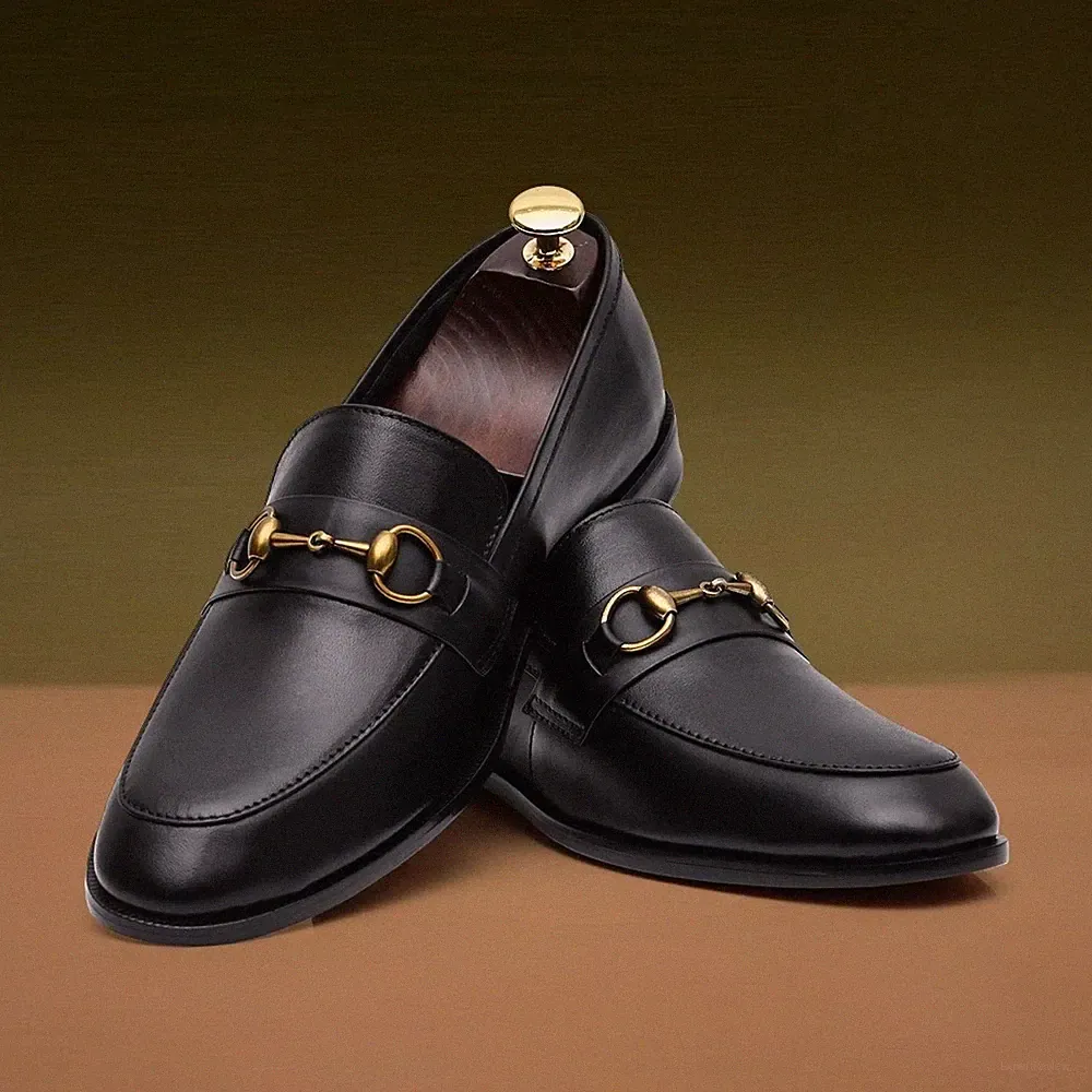 Black Slip On Mens Horsebit Loafers Full Grain Calf Leather Handmade Dress Shoe