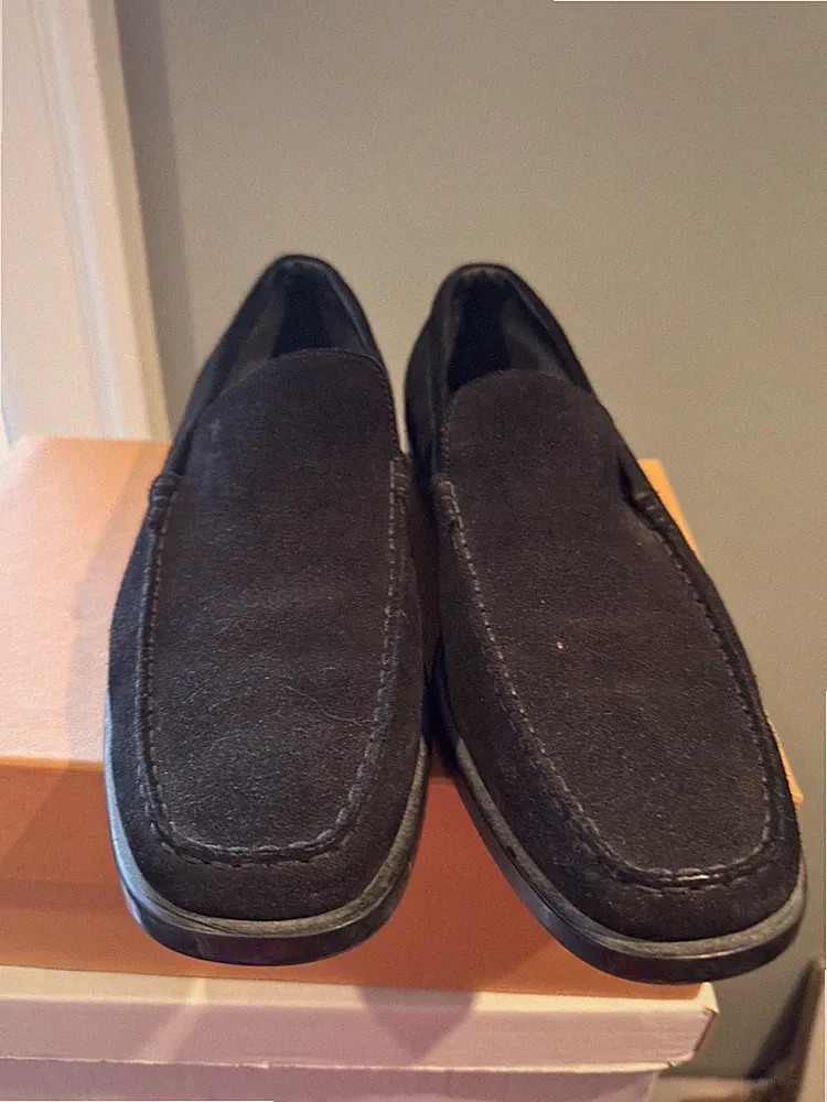 Black Suede Tods Loafer-square toe, exposed stitching. rubber sole