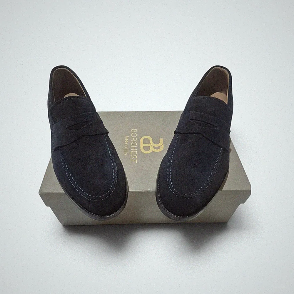 BORGHESE Herren Halbschuhe Wildleder Blau Penny Loafer Echtleder Made in Italy