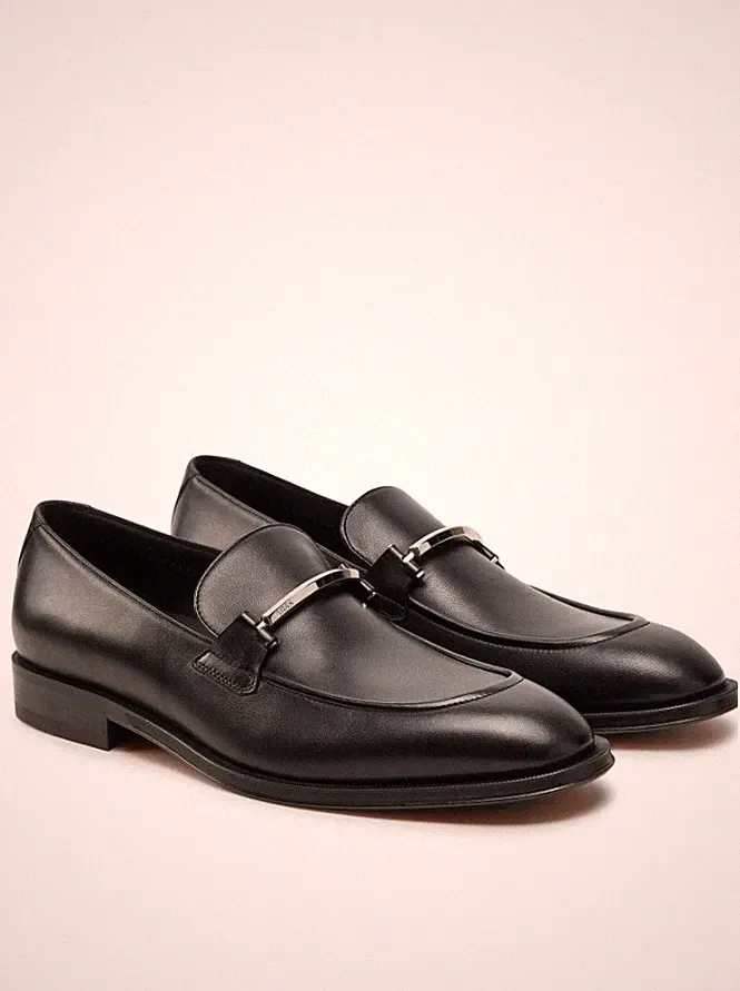 Boss Halbschuhe Herren Schwarz Pull-On Leder Mokassins mit Logo - Derrek Loaf Größe 8