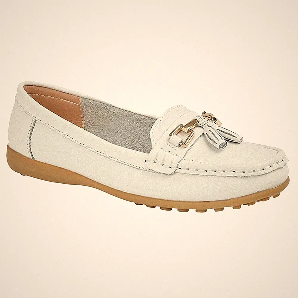 Boulevard Camila Damen Leder Loafer mit Quasten Slip-On Weiß