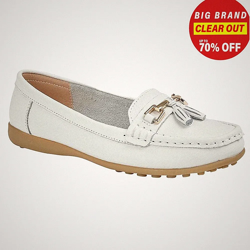 Boulevard Camila Damen Leder Loafer mit Quasten Slip-On Weiß
