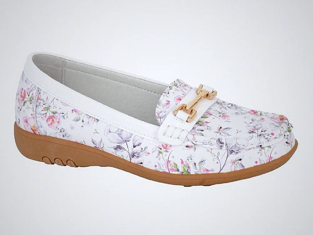 Boulevard L643G Damen Leder Smart Weiß Blumenmuster Sattelbesatz Halbschuhe