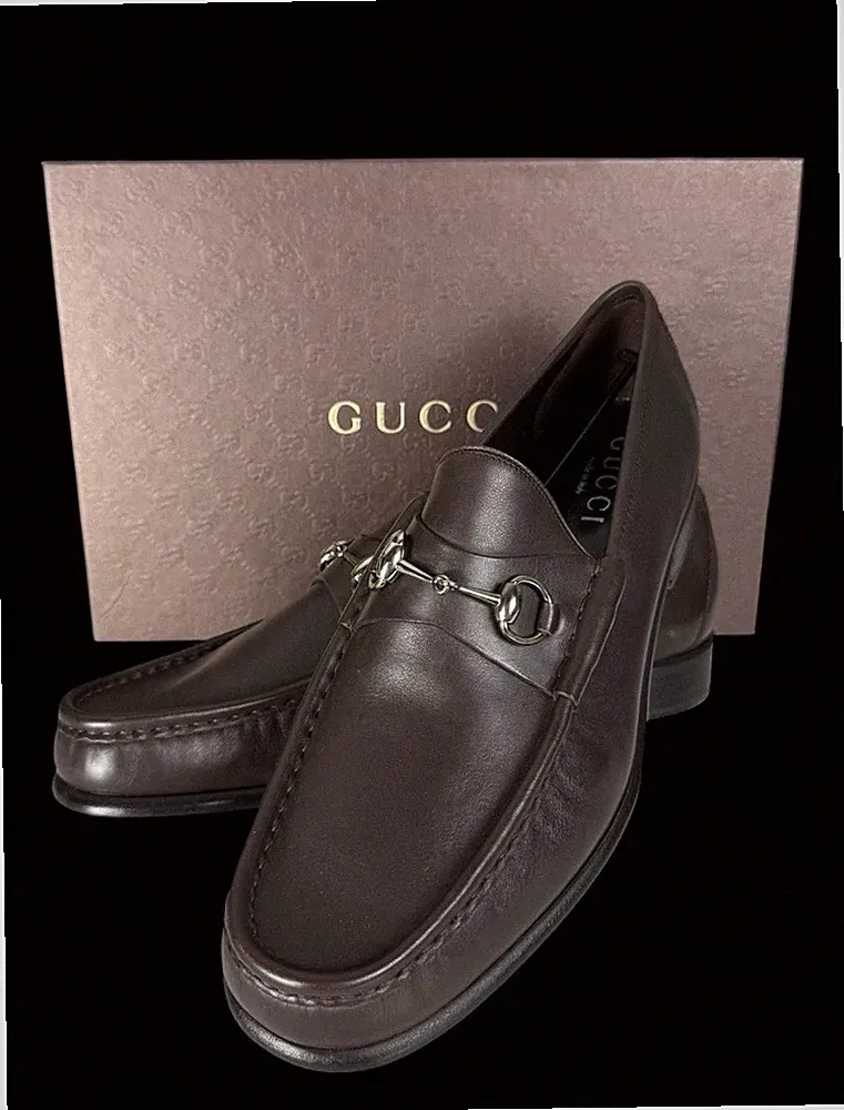 Brandneu mit Karton Gucci dunkelbraune Leder Horsebit Halbschuhe US12,5 UK11,5D für Herren