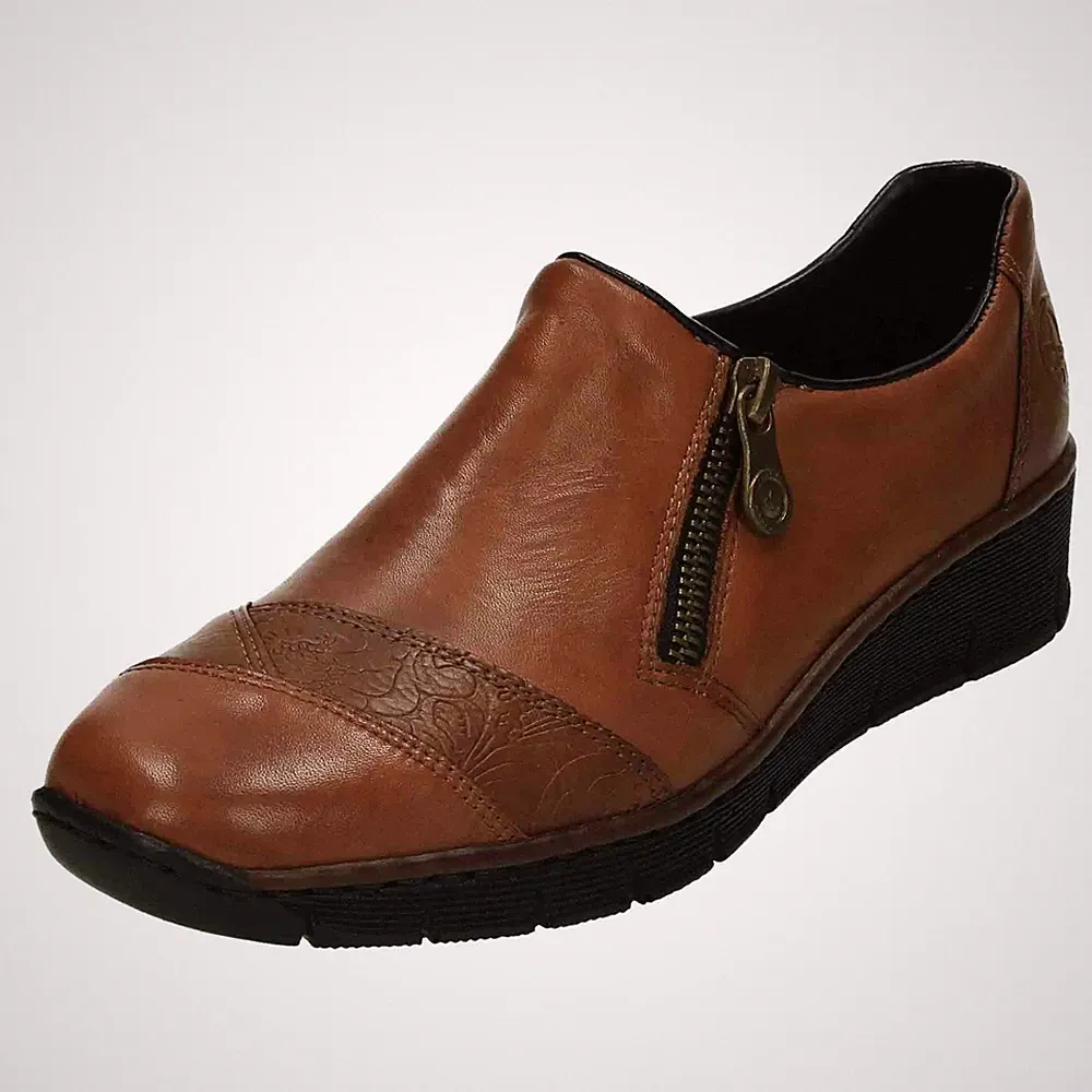 Braune Lederschuhe 53761-24 Reißverschluss gepolsterte bequeme Halbschuhe Damen