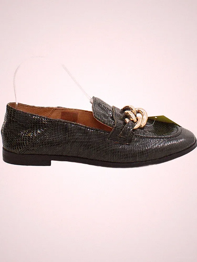 Büro Damenschuhe flach UK 5 grün Animalprint 100 % Kunstleder Halbschuh
