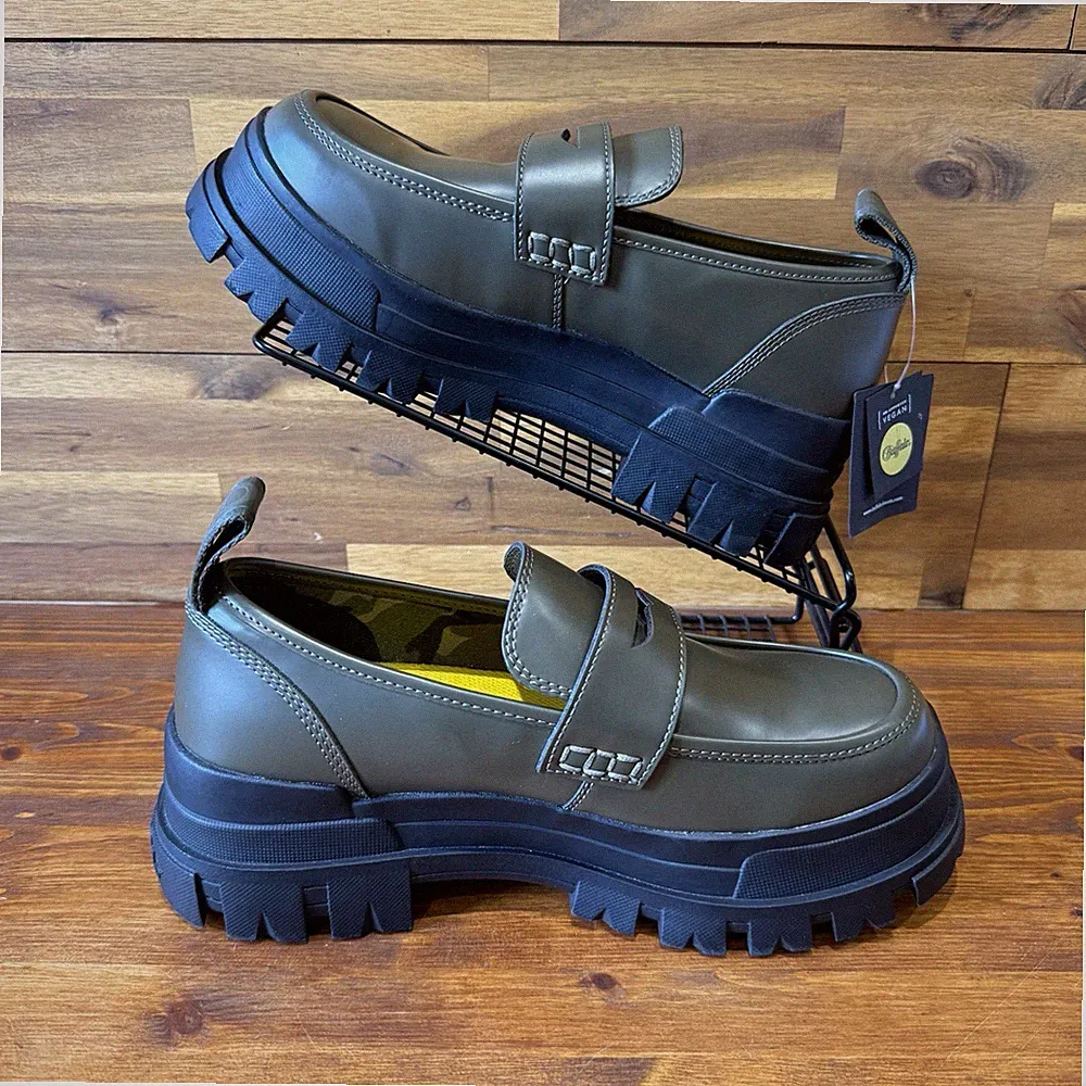 Buffalo Aspha Loafer Schuhe Khaki Grün Vegan Plateau UK Größe 6,5 Neu