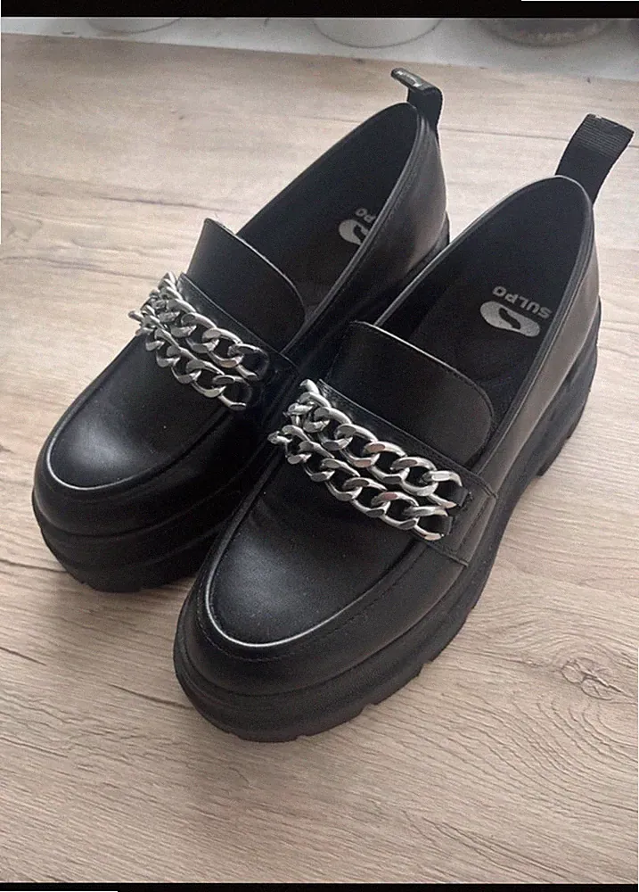 Buffalo Damen Loafer Schwarz mit Ketten Größe 38