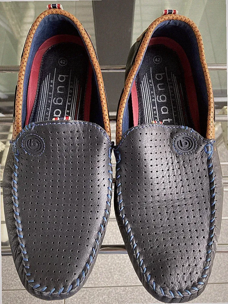Bugatti Designer Navy Blue Perforated Leather Loafers Gr. 42