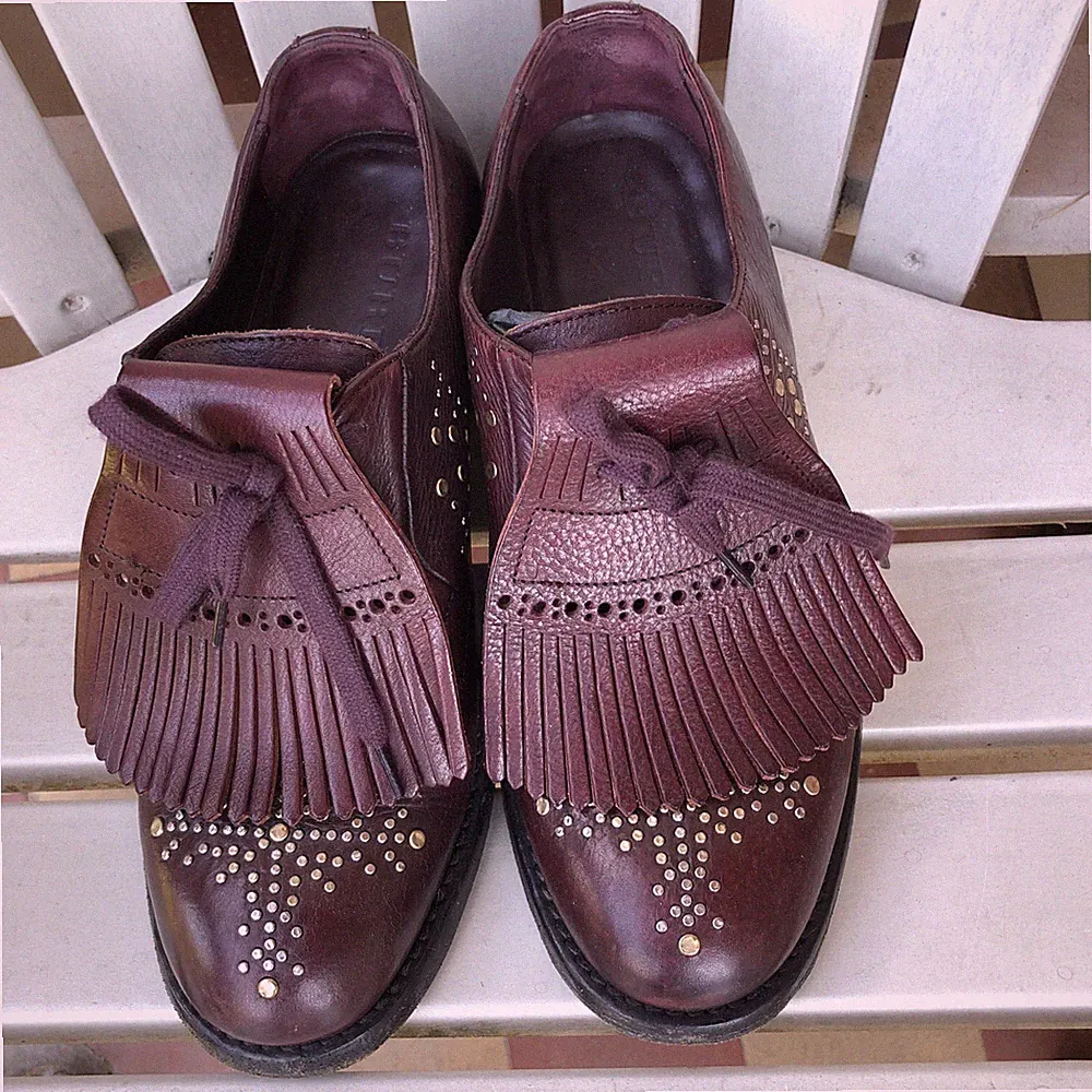 Burberry Burgund Nieten Leder Ampney Fransen Detail Derby Größe UK 3 EU 36