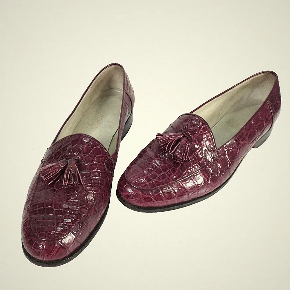 Burgunderrote Quasten Halbschuhe Leder Krokodilprägung flache Schuhe UK 5,5 Vintage