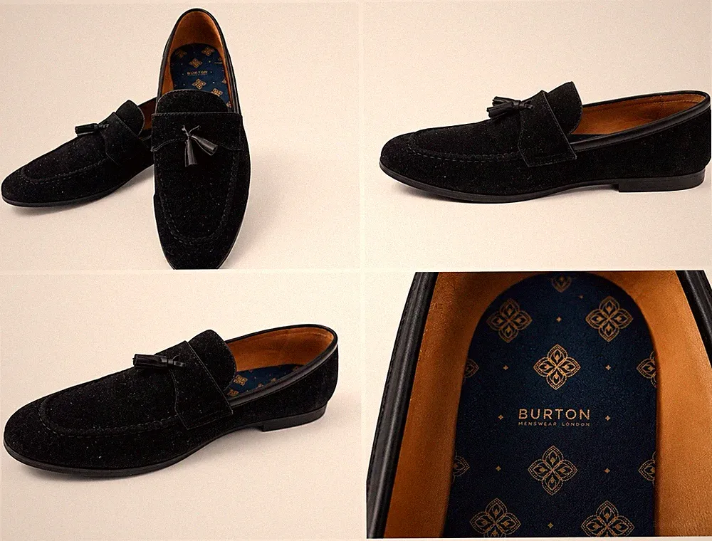 Burton Herren Loafer schwarz Wildleder Quasten EU 44 Elegant Lederfutter