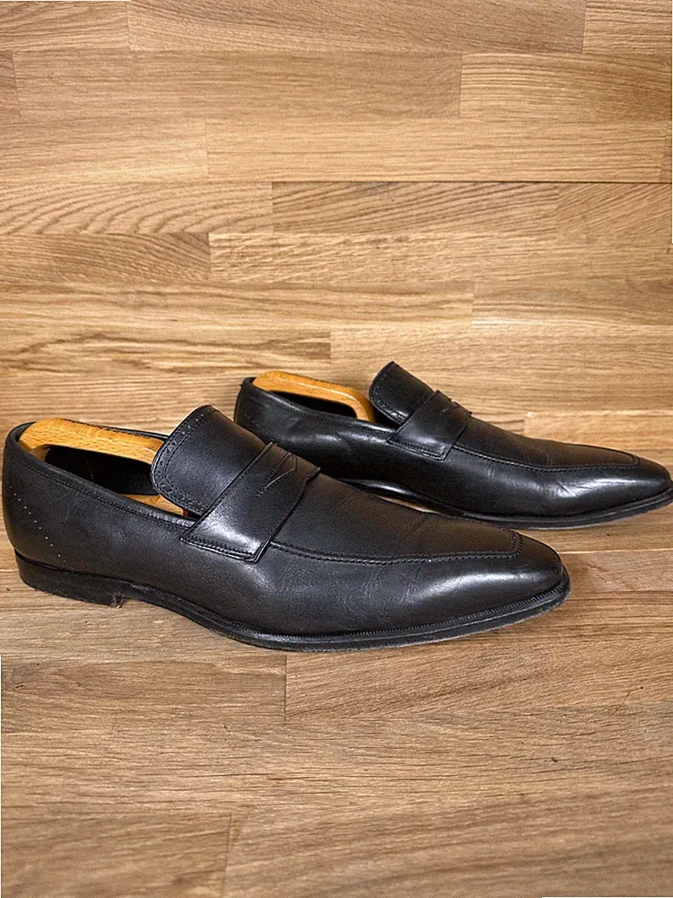 Canali Herren Schwarz Leder Penny Halbschuhe Formell Elegant Schuhe Hergestellt in Italien UK 10