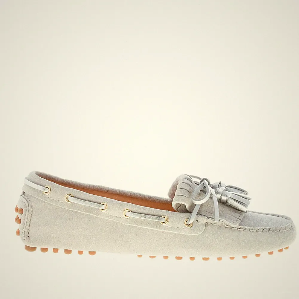 CAR SHOE Damen Schuhe Halbschuh Driving Wildleder Grau Fransen Quasten Silber