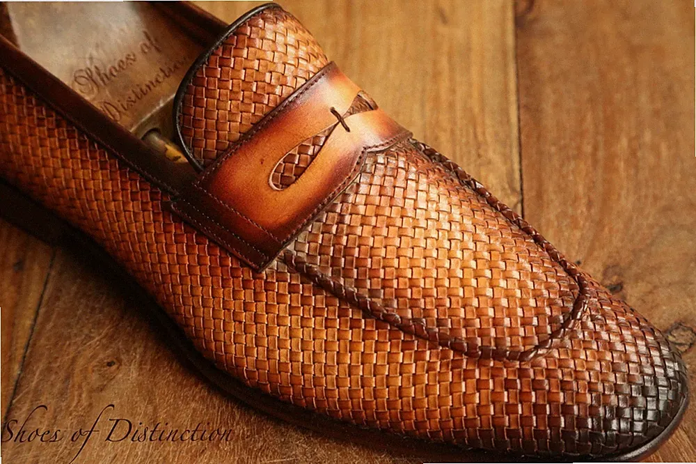 Carlos Santos hellbraun Leder geflochten Penny Schuhe Halbschuhe Herren UK...