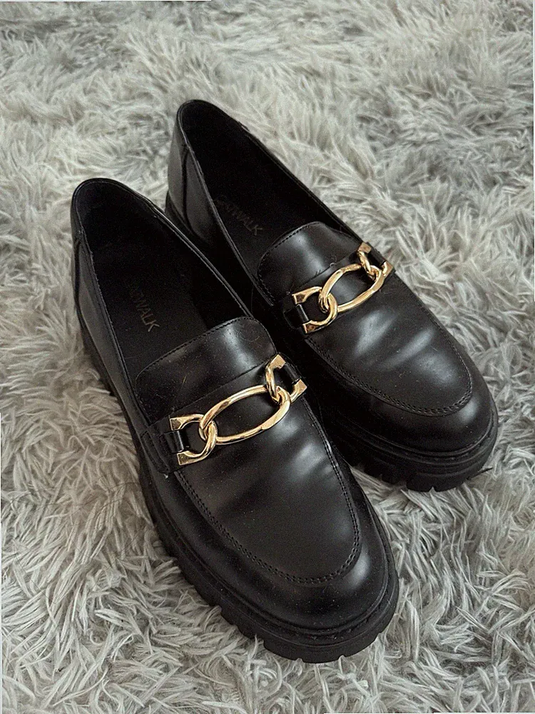 CATWALK Damen Slipper Loafer Leder schwarz/gold Ketten-Optik Profilsohle EU 40