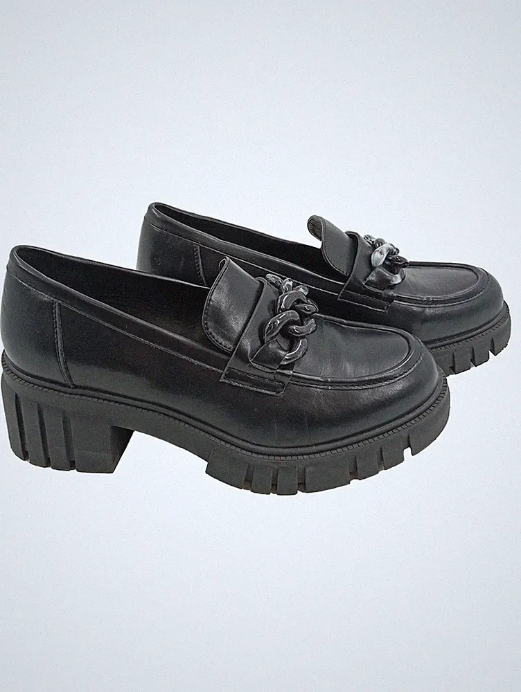 Catwalk Loafer Damen Slipper Schwarz Gr. 39 Kettendetail Blockabsatz
