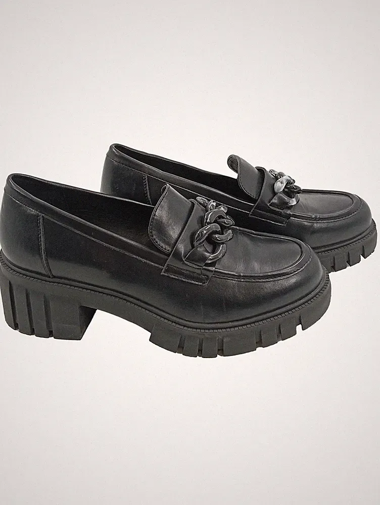 Catwalk Loafer Damen Slipper Schwarz Gr. 39 Kettendetail Blockabsatz