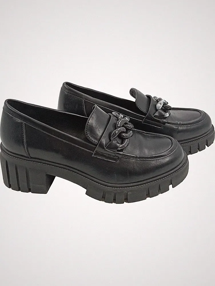 Catwalk Loafer Damen Slipper Schwarz Gr. 39 Kettendetail Blockabsatz