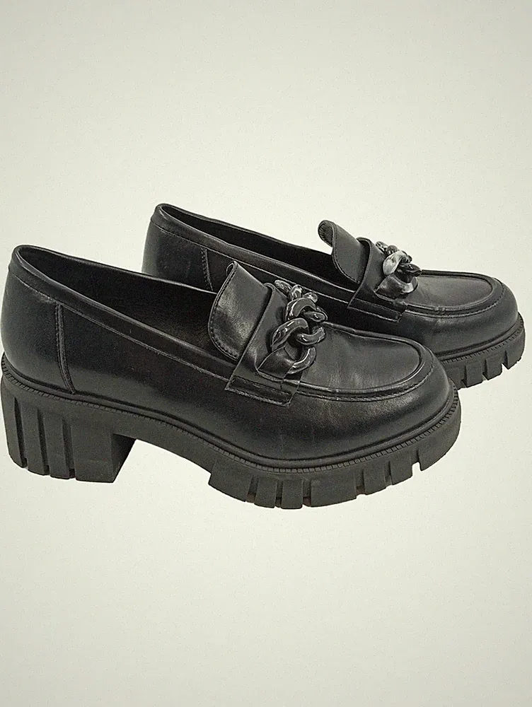 Catwalk Loafer Damen Slipper Schwarz Gr. 39 Kettendetail Blockabsatz