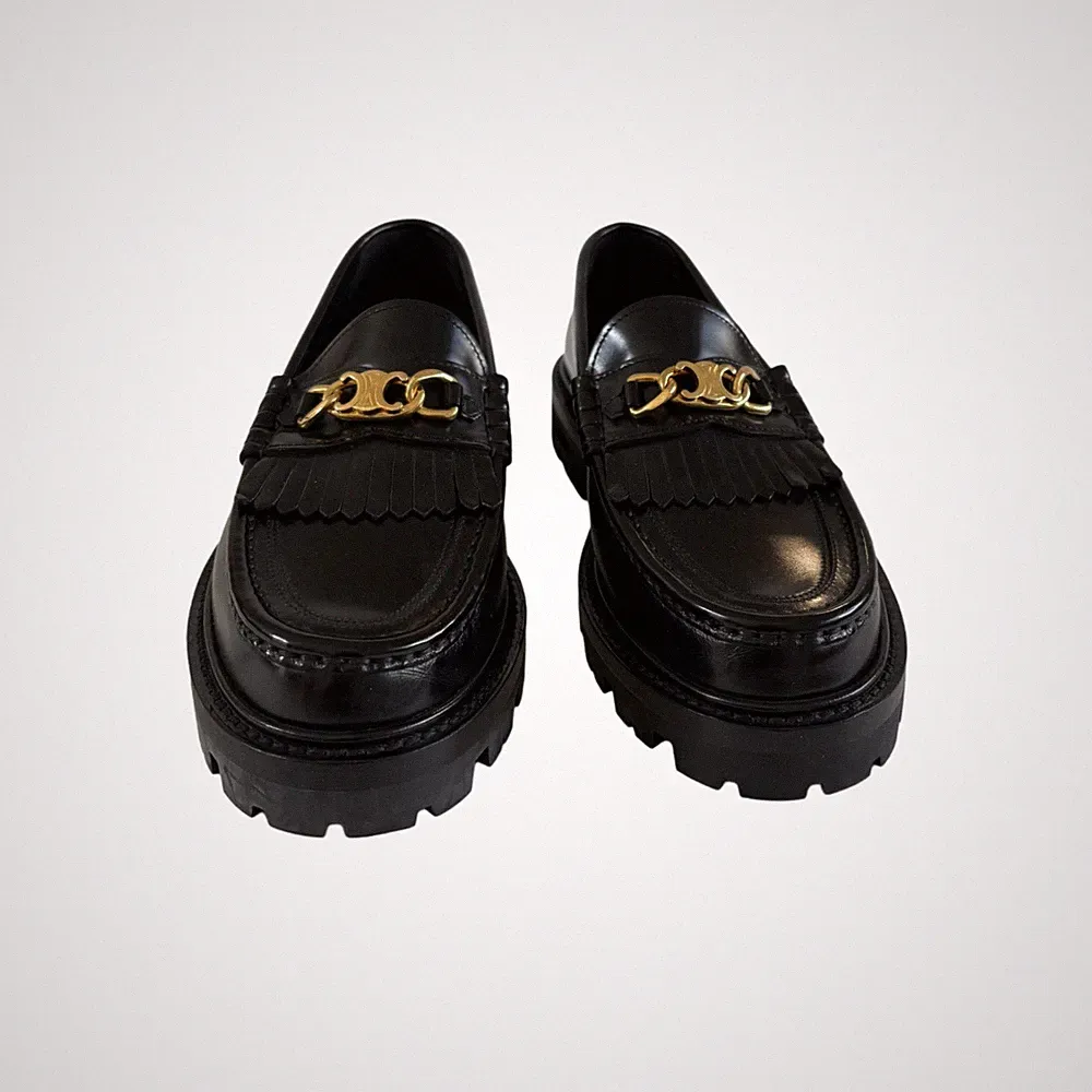Celine schwarze Leder-Loafer Margaret Triomphe Kette Logo, Größe 37