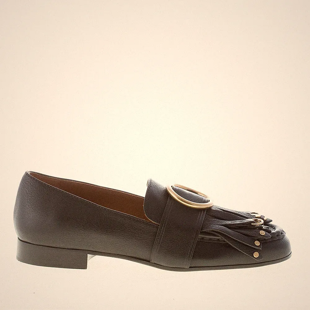 CHLOE' damen schuhe Olly schwarz leder loafer fransen gold ring CH29160E42